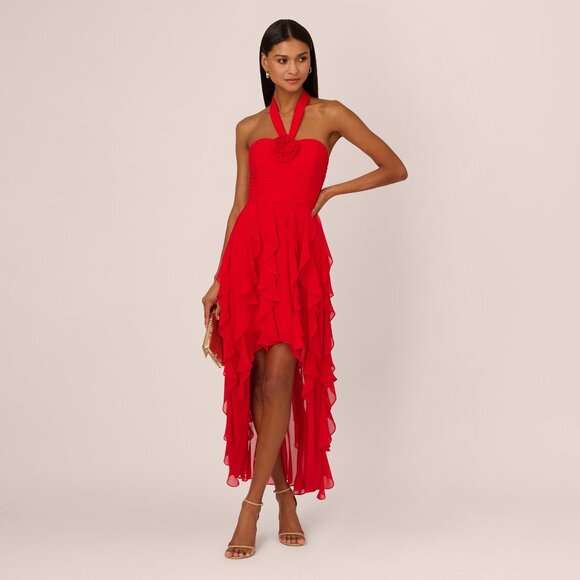 Adrianna Papell High Low Halter Dress With 3D Floral Accent In Red Desire Size 1 - Picture 2 of 3